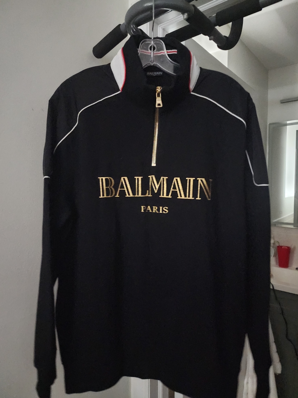 Balmain Black Lightweight Half-Zip Jacket with Gold Logo